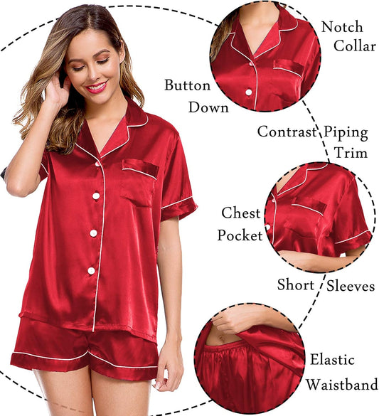 Womens Silk Satin Pajamas Short Sleeve Loungewear Two-Piece Sleepwear Button-Down Pj Set