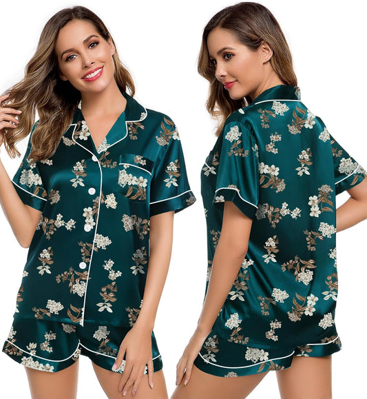 Womens Silk Satin Pajamas Short Sleeve Loungewear Two-Piece Sleepwear Button-Down Pj Set