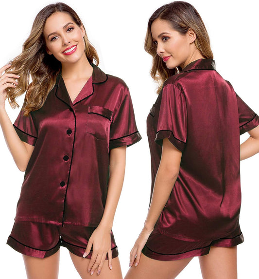Womens Silk Satin Pajamas Short Sleeve Loungewear Two-Piece Sleepwear Button-Down Pj Set