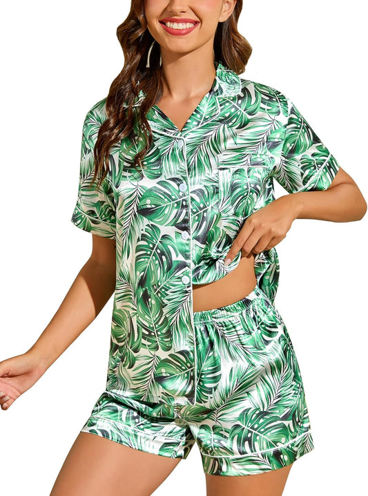 Womens Silk Satin Pajamas Short Sleeve Loungewear Two-Piece Sleepwear Button-Down Pj Set