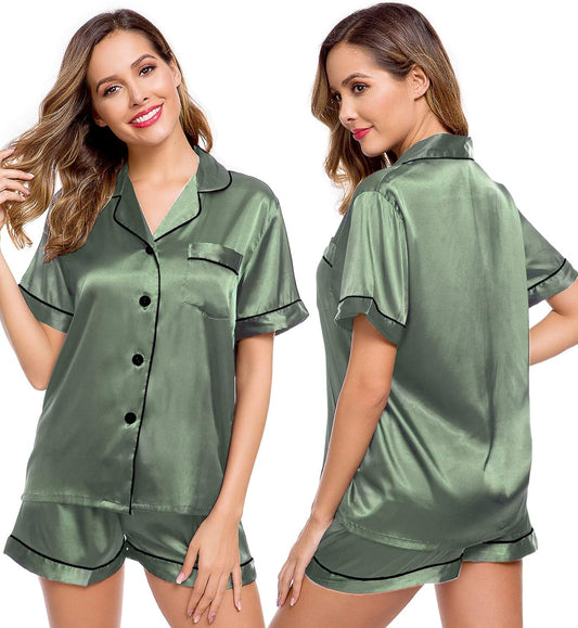 Womens Silk Satin Pajamas Short Sleeve Loungewear Two-Piece Sleepwear Button-Down Pj Set