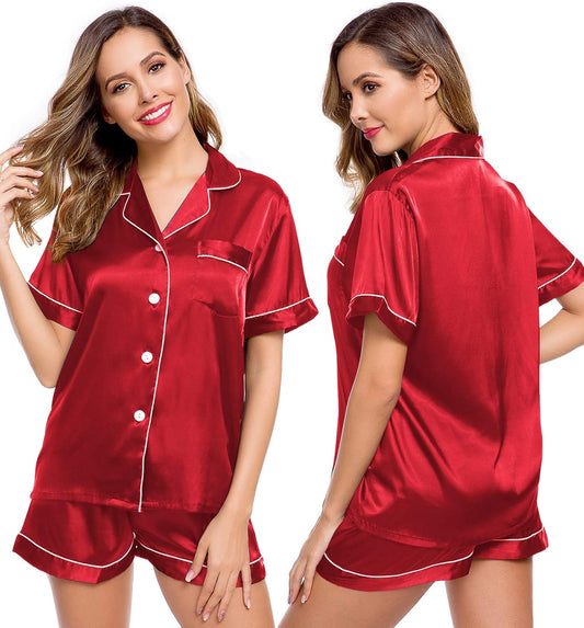 Womens Silk Satin Pajamas Short Sleeve Loungewear Two-Piece Sleepwear Button-Down Pj Set