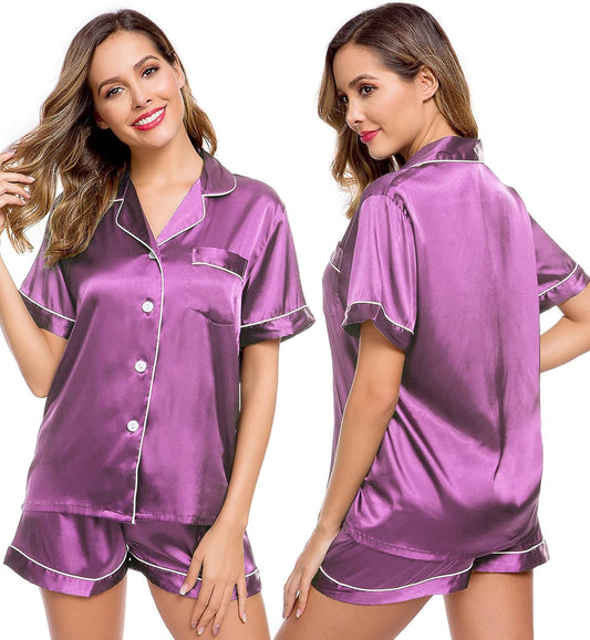 Womens Silk Satin Pajamas Short Sleeve Loungewear Two-Piece Sleepwear Button-Down Pj Set
