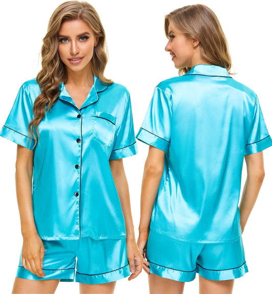 Womens Silk Satin Pajamas Short Sleeve Loungewear Two-Piece Sleepwear Button-Down Pj Set