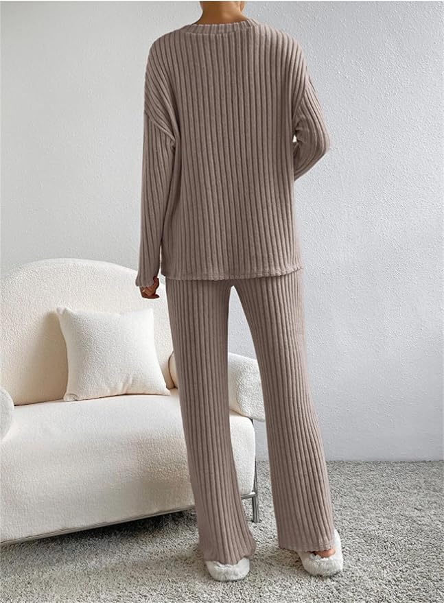 Women’s Ribbed Knit Lounge Set | Cozy 2-Piece V-Neck Sweater & Pants for Autumn & Winter