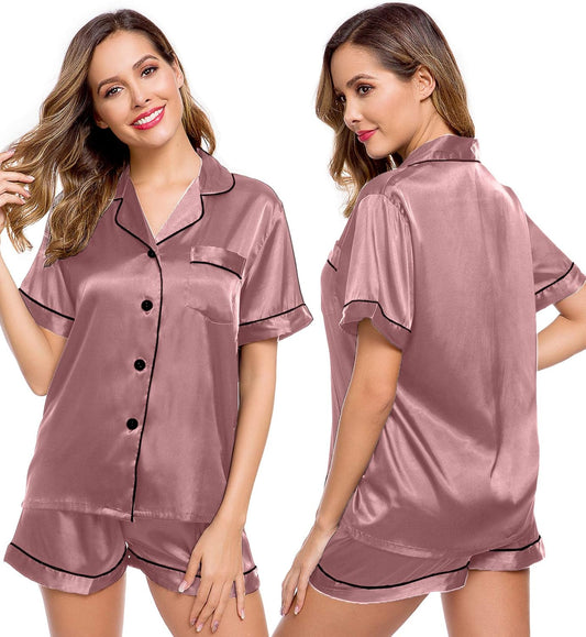 Womens Silk Satin Pajamas Short Sleeve Loungewear Two-Piece Sleepwear Button-Down Pj Set