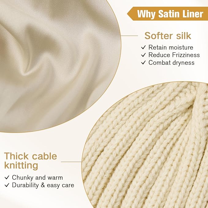 Silk Satin Lined Pom Pom Beanie – Warm, Soft & Stylish Winter Hat for Women