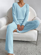 Women’s Ribbed Knit Lounge Set | Cozy 2-Piece V-Neck Sweater & Pants for Autumn & Winter