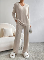 Women’s Ribbed Knit Lounge Set | Cozy 2-Piece V-Neck Sweater & Pants for Autumn & Winter