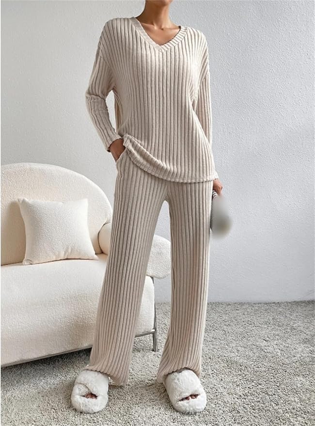 Women’s Ribbed Knit Lounge Set | Cozy 2-Piece V-Neck Sweater & Pants for Autumn & Winter
