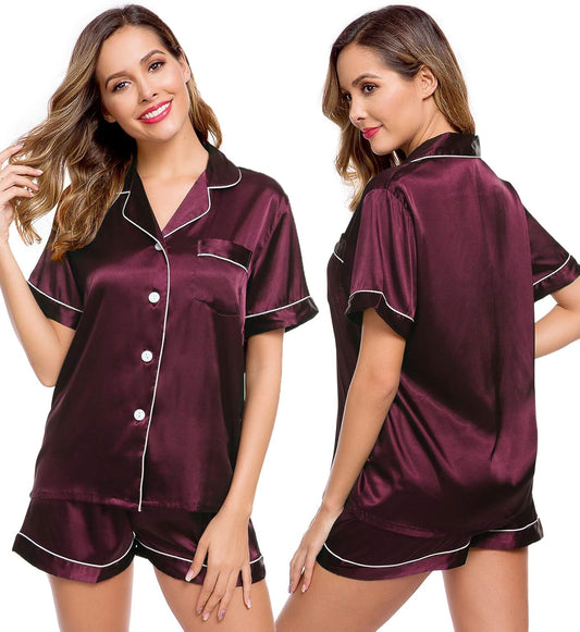 Womens Silk Satin Pajamas Short Sleeve Loungewear Two-Piece Sleepwear Button-Down Pj Set