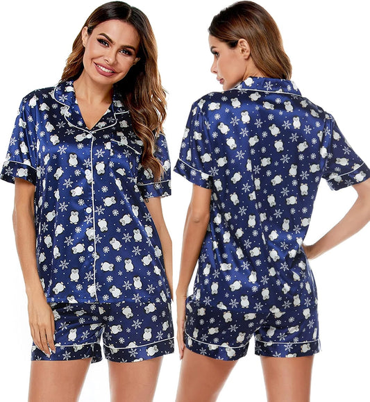 Womens Silk Satin Pajamas Short Sleeve Loungewear Two-Piece Sleepwear Button-Down Pj Set