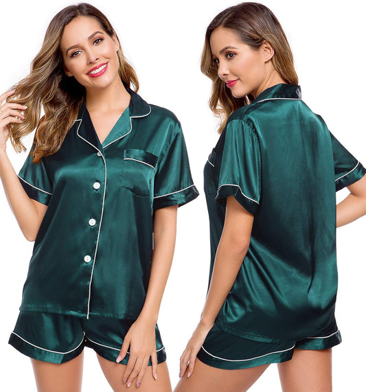 Womens Silk Satin Pajamas Short Sleeve Loungewear Two-Piece Sleepwear Button-Down Pj Set