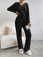 Women’s Ribbed Knit Lounge Set | Cozy 2-Piece V-Neck Sweater & Pants for Autumn & Winter