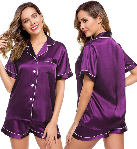 Womens Silk Satin Pajamas Short Sleeve Loungewear Two-Piece Sleepwear Button-Down Pj Set