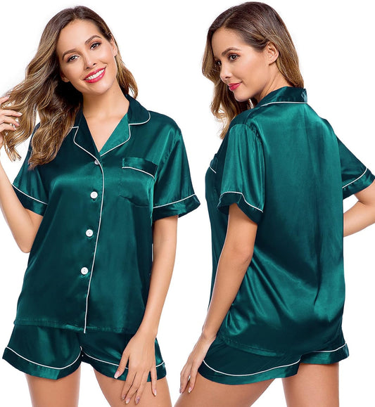 Womens Silk Satin Pajamas Short Sleeve Loungewear Two-Piece Sleepwear Button-Down Pj Set