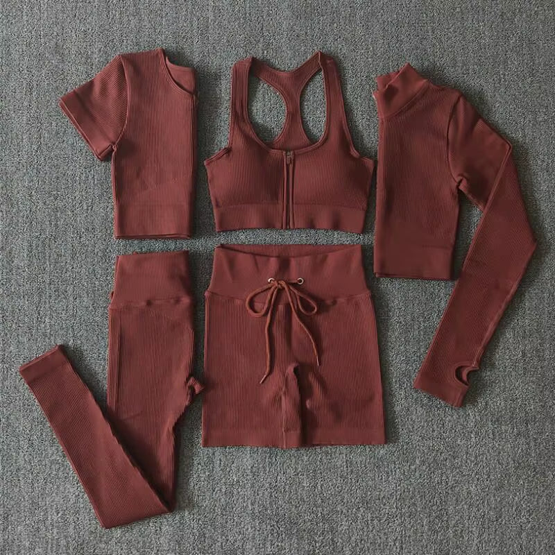 Brown Crop Top Bra Leggings Shorts Sportsuit Workout Outfit Fitness Gym ClotheSeamless Sport Set Women Yoga Set s