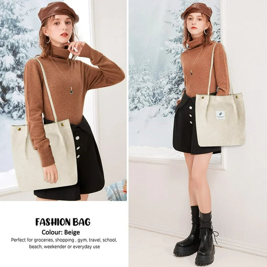 Corduroy Tote Bag for Women – Large Shoulder Bag with Inner Pockets