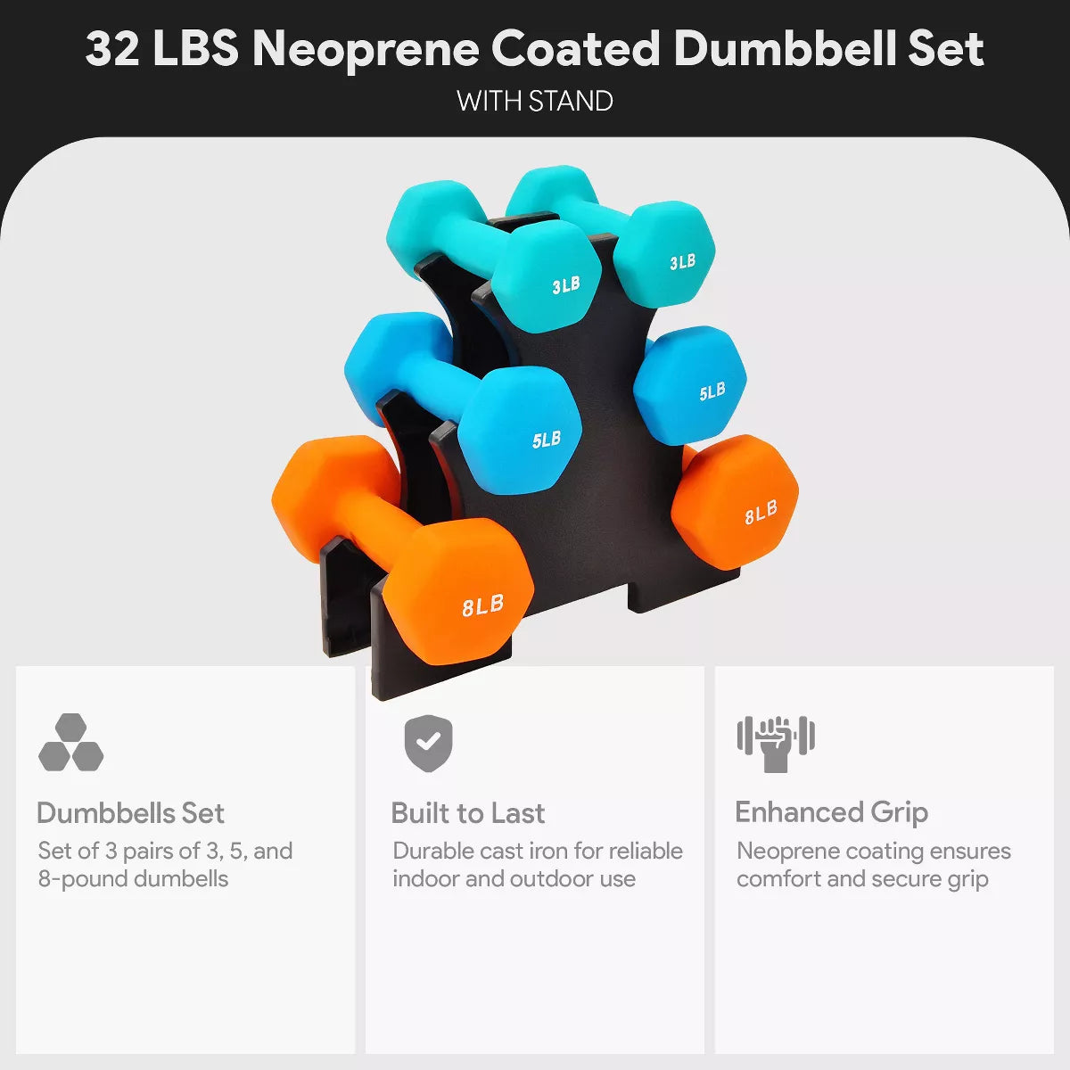 Balancefrom Fitness 3 Pair Neoprene Coated Hexagon Shaped Dumbbell Set with 3, 5, and 8 Pound Hand Weights, Weight Stand, and Assembly Tool