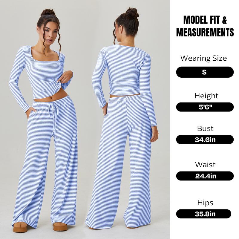Katchme&Aerkyn Women'S Chic Square Neck Stripe Long Sleeve Crop Top & Low-Rise Wide Leg Trousers Co-Ord, Basic Two Piece Outfits for Lady, Cozy Womenswear(Cn)