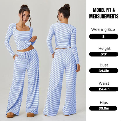 Katchme&Aerkyn Women'S Chic Square Neck Stripe Long Sleeve Crop Top & Low-Rise Wide Leg Trousers Co-Ord, Basic Two Piece Outfits for Lady, Cozy Womenswear(Cn)