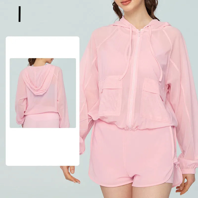 Loose-Fit Long Sleeve Athletic Jacket with Zipper & Drawstring for Women