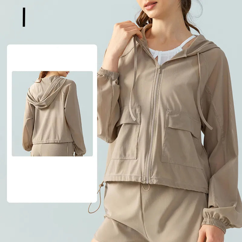 Loose-Fit Long Sleeve Athletic Jacket with Zipper & Drawstring for Women