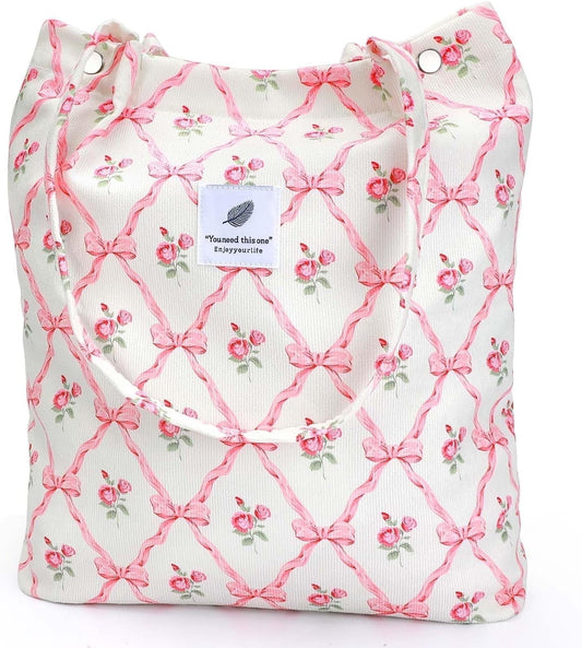 Corduroy Tote Bag Large for Women Girl Lady Canvas Shoulder Cord Purse with Inner Pocket