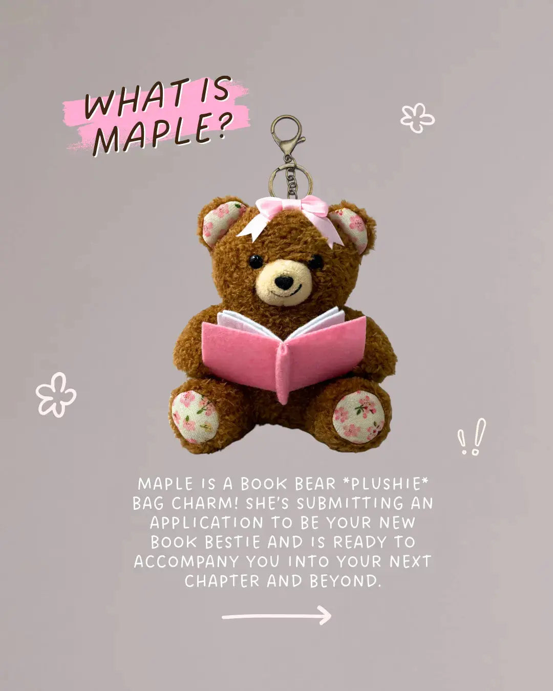 Next Chapter Book Bear plush bag charm featuring a cute bear design, ideal for decorating bags and keychains.