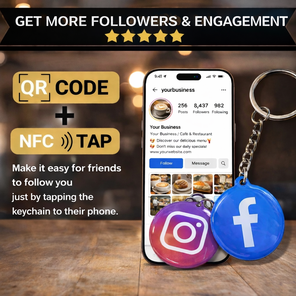 NFC Social Media Sharing Keychain – Epoxy Tap Card for Google Reviews, Instagram & Facebook
