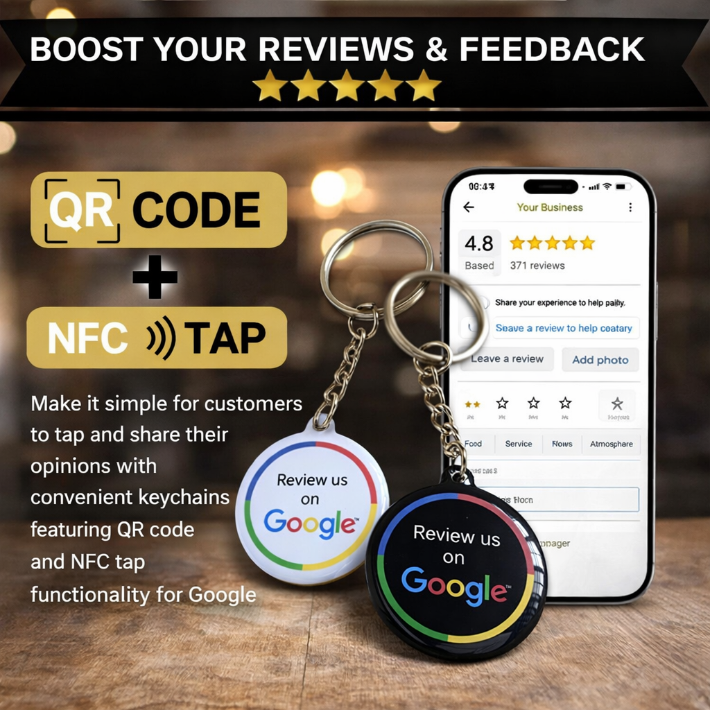 NFC Social Media Sharing Keychain – Epoxy Tap Card for Google Reviews, Instagram & Facebook
