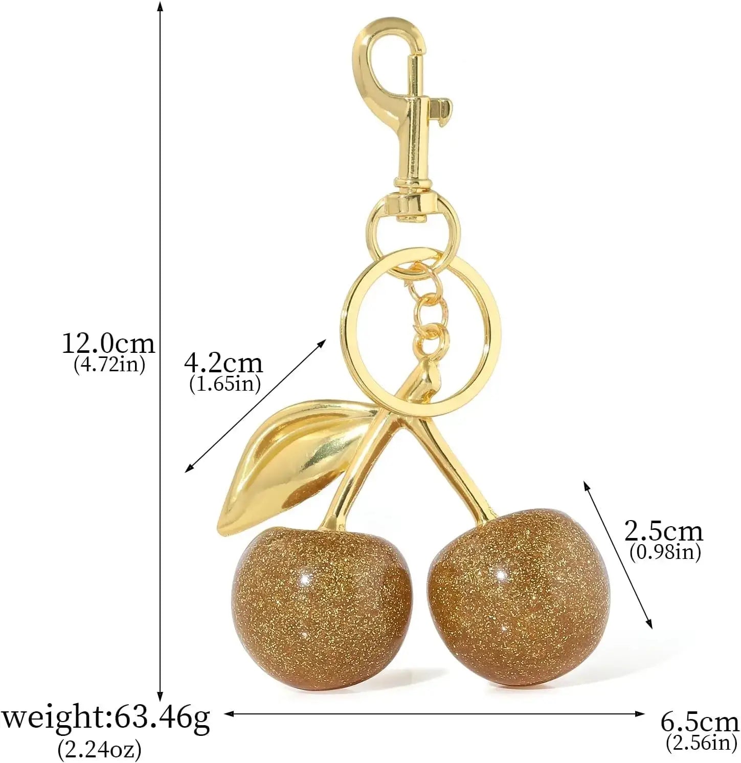 Gold Cherry Bag Charm Keychain by Hypes Inventory, a cute fruit accessory for women’s purses and handbags.