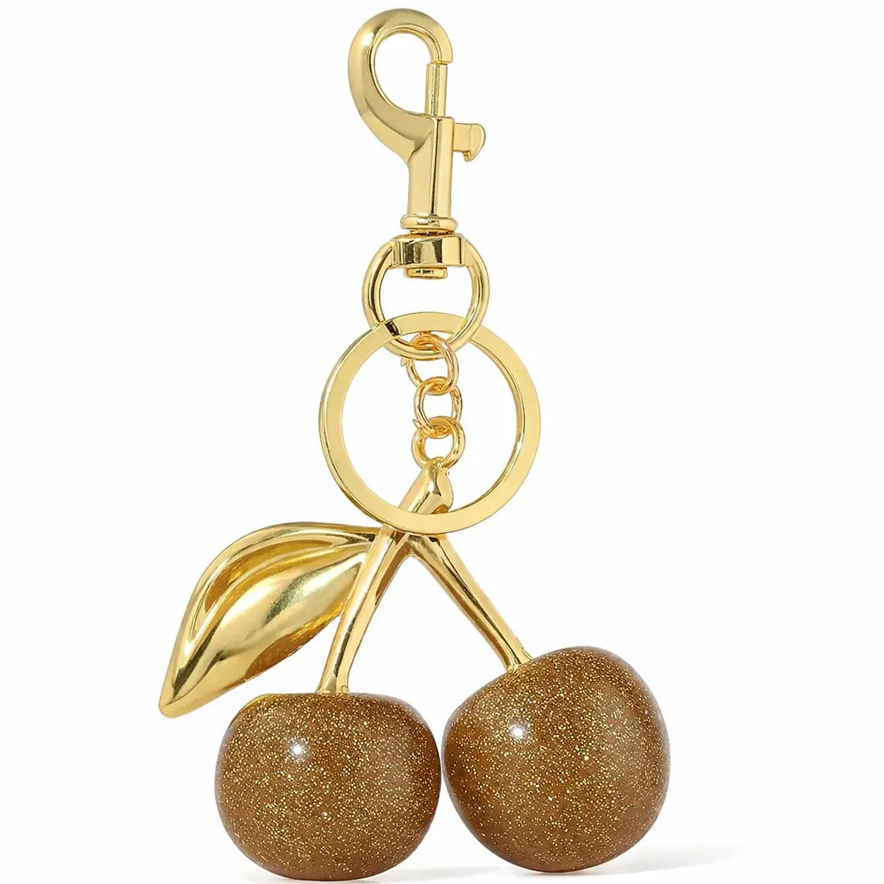 Gold cherry bag charm keychain by Hypes Inventory, a cute and stylish purse accessory with fruit design for women.