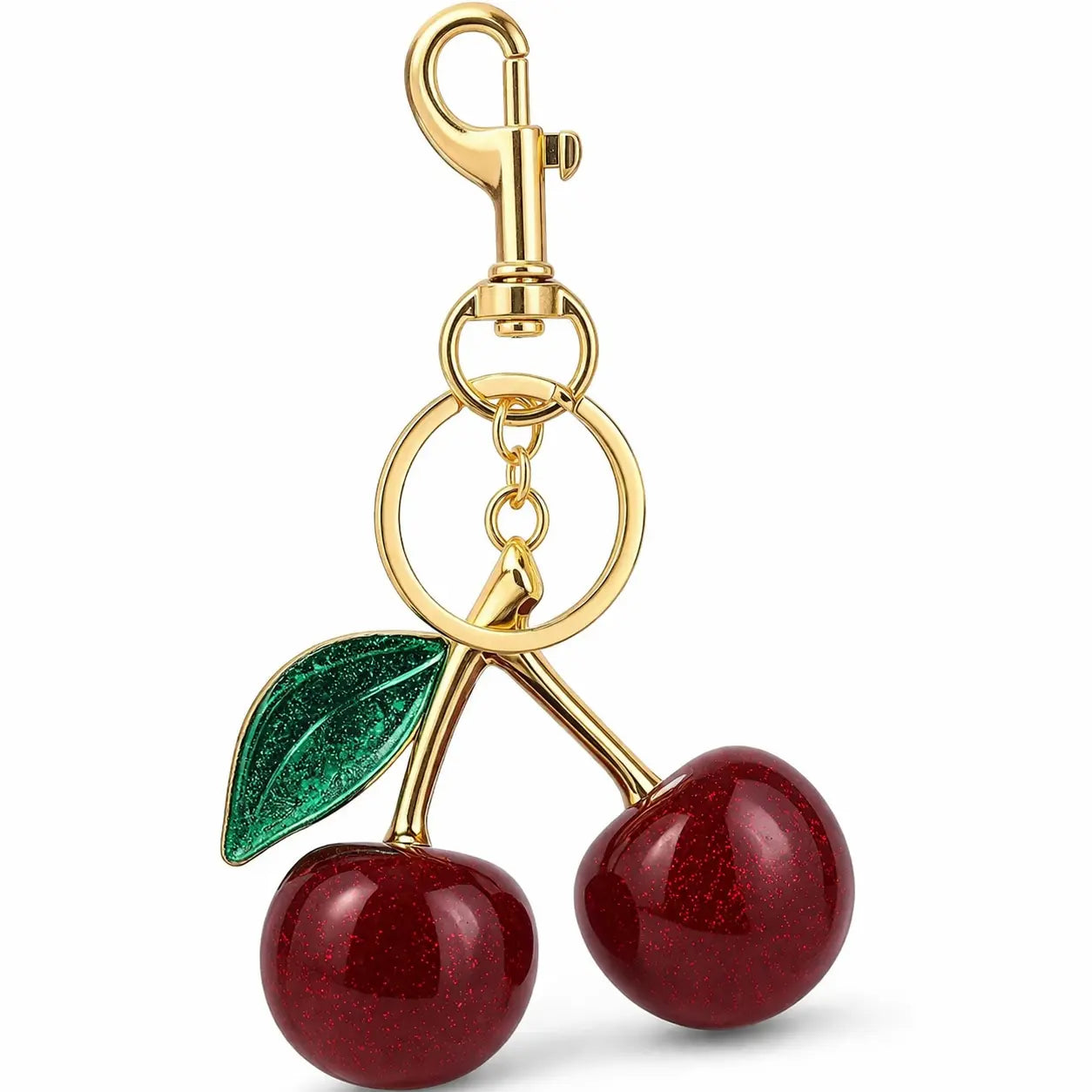 Gold cherry-shaped bag charm keychain by Hypes Inventory, stylish purse accessory with fruit design for women.
