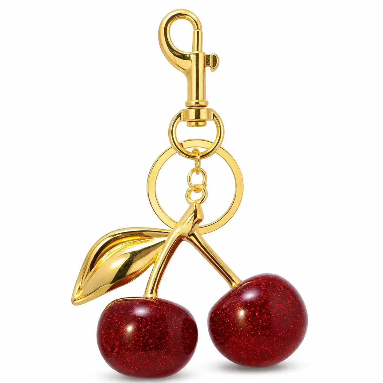 Gold cherry-shaped bag charm keychain by Hypes Inventory, a cute purse accessory for women and handbag decoration.