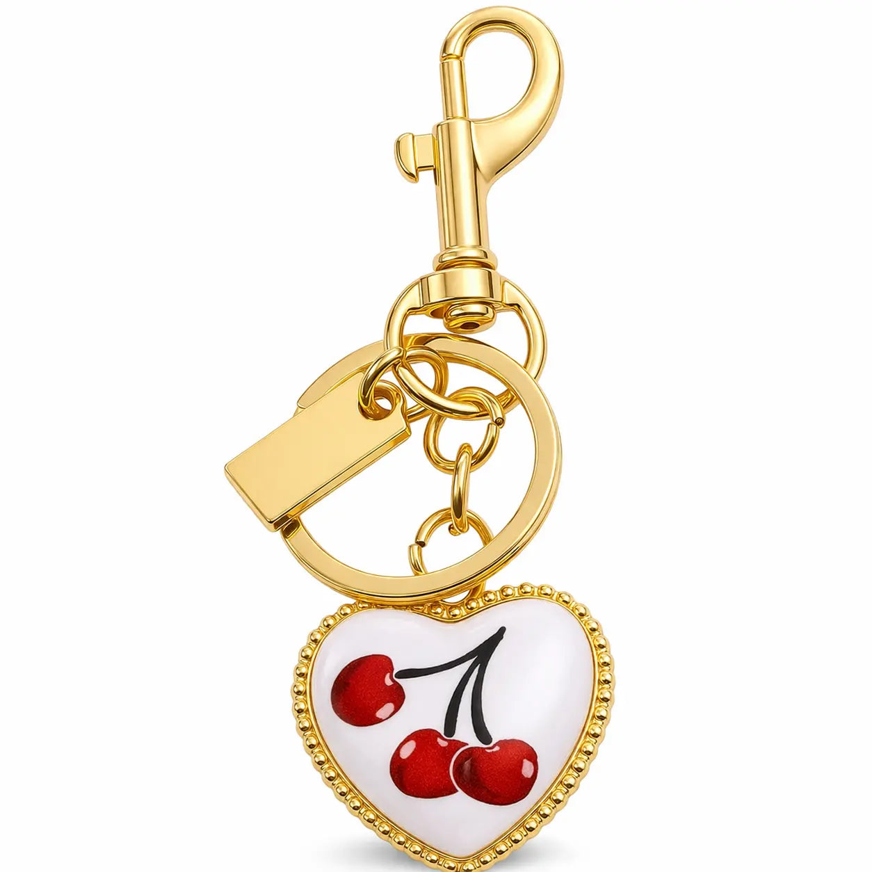 Gold cherry bag charm keychain by Hypes Inventory, a cute purse accessory featuring a fruit design for women.