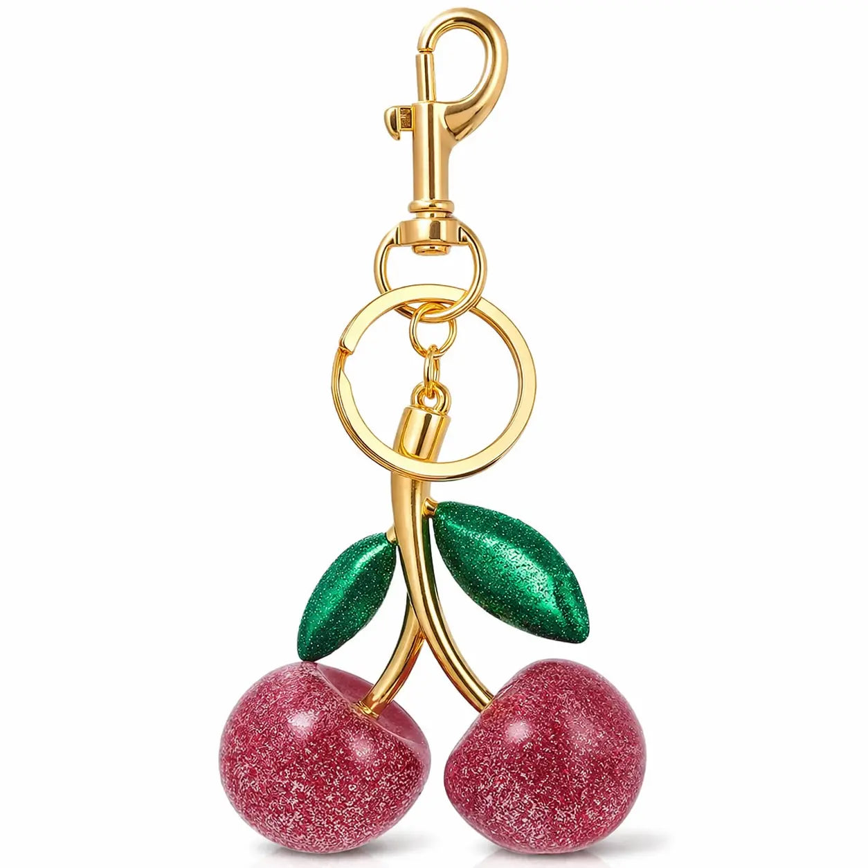 Gold cherry bag charm keychain by Hypes Inventory, cute fruit accessory for purses and handbags, perfect for women.
