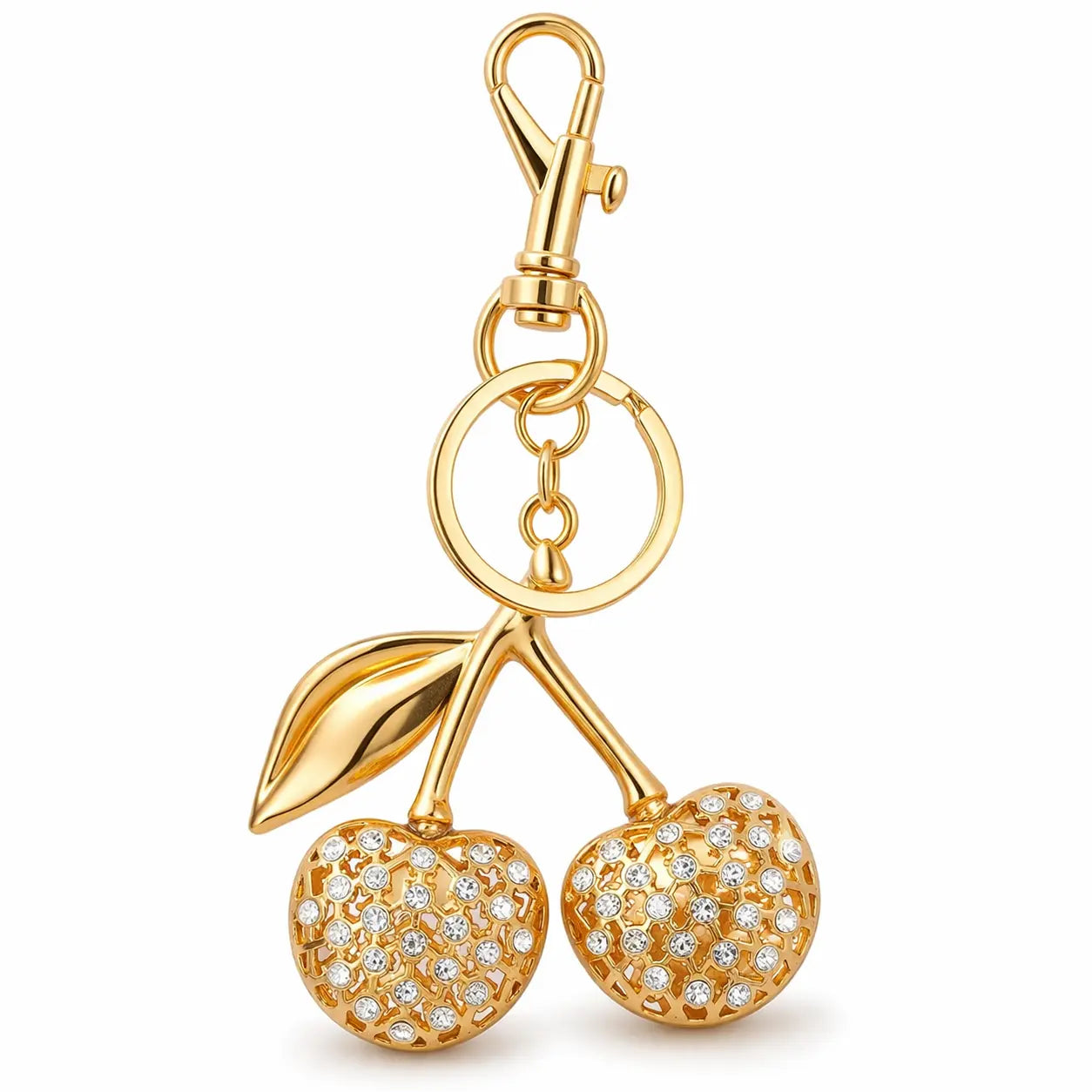 Gold cherry-shaped bag charm keychain by Hypes Inventory, a cute fruit accessory for purses and handbags.