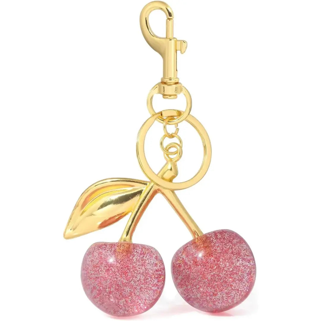Hypes Inventory gold cherry bag charm keychain, cute purse accessory with fruit design, perfect for women’s handbags.