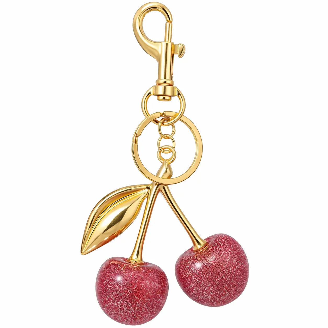 Gold cherry-shaped bag charm keychain by Hypes Inventory, a cute fruit-themed accessory for purses and handbags.