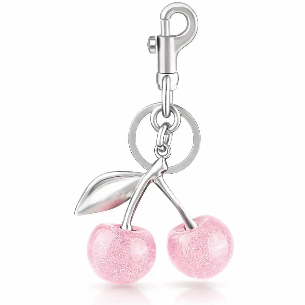 Red cherry purse charm keychain by Hypes Inventory, featuring cute cherry and strawberry design for handbags and accessories.