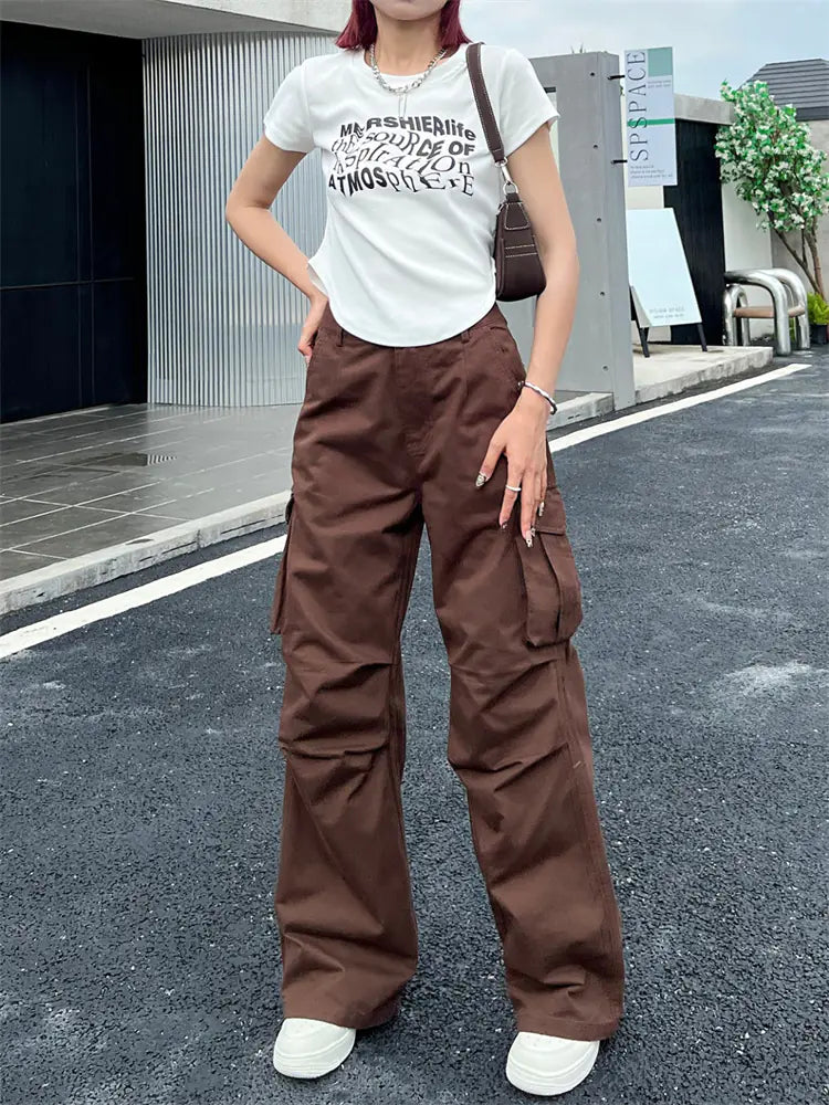 Deeptown Y2K Vintage Cargo Pants for Women | Oversized Streetwear Wide-Leg Trousers