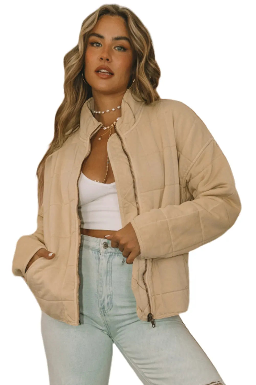 Khaki Zip-Up Pocket Quilted Jacket Wild and Free Boutique