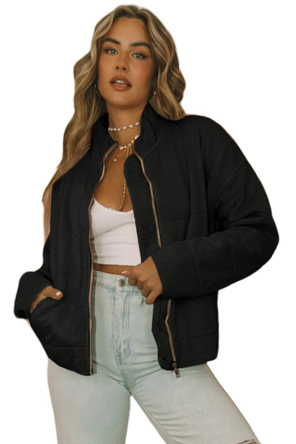 Khaki Zip-Up Pocket Quilted Jacket Wild and Free Boutique