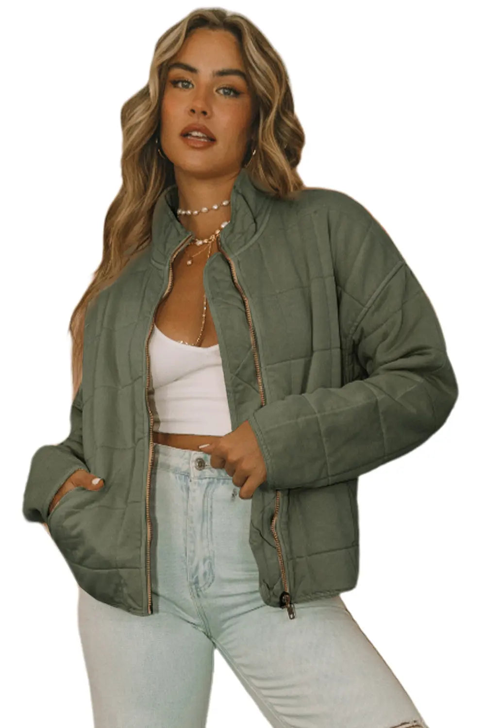 Khaki Zip-Up Pocket Quilted Jacket Wild and Free Boutique
