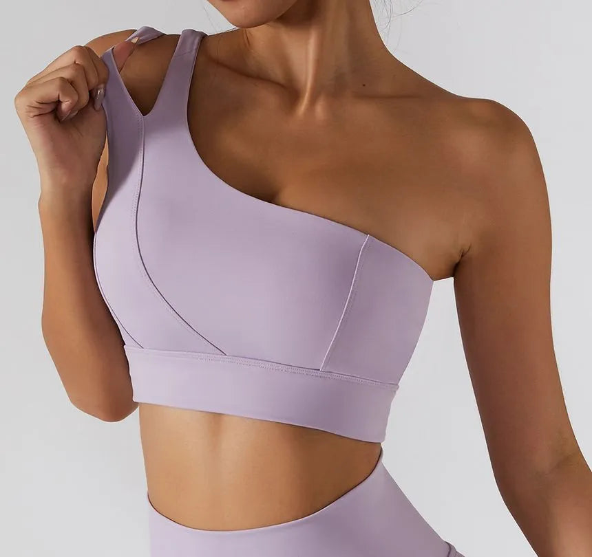 Flairé™ Ribbed One-Shoulder Yoga Bra – Stretch & Shockproof Support