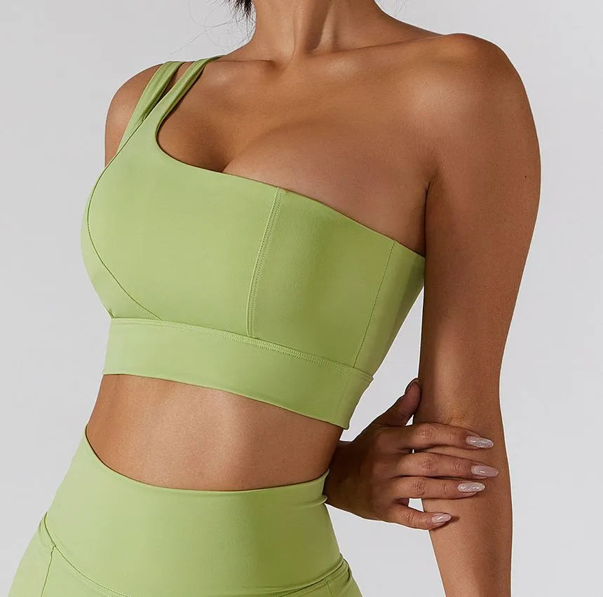 Flairé™ Ribbed One-Shoulder Yoga Bra – Stretch & Shockproof Support