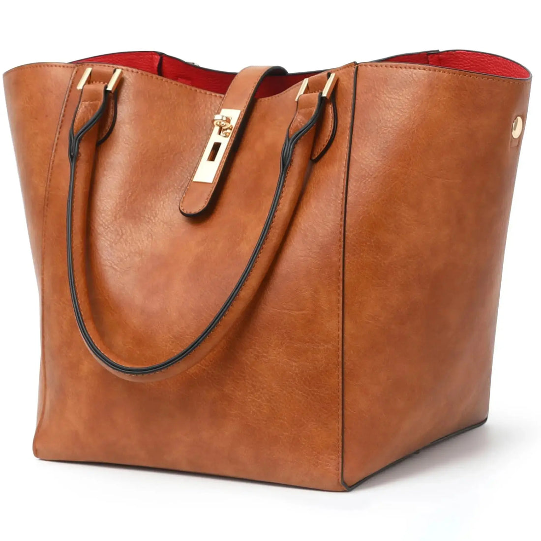 Large vegan leather work tote bag for women, amber brown shoulder handbag with spacious interior and sturdy handles.