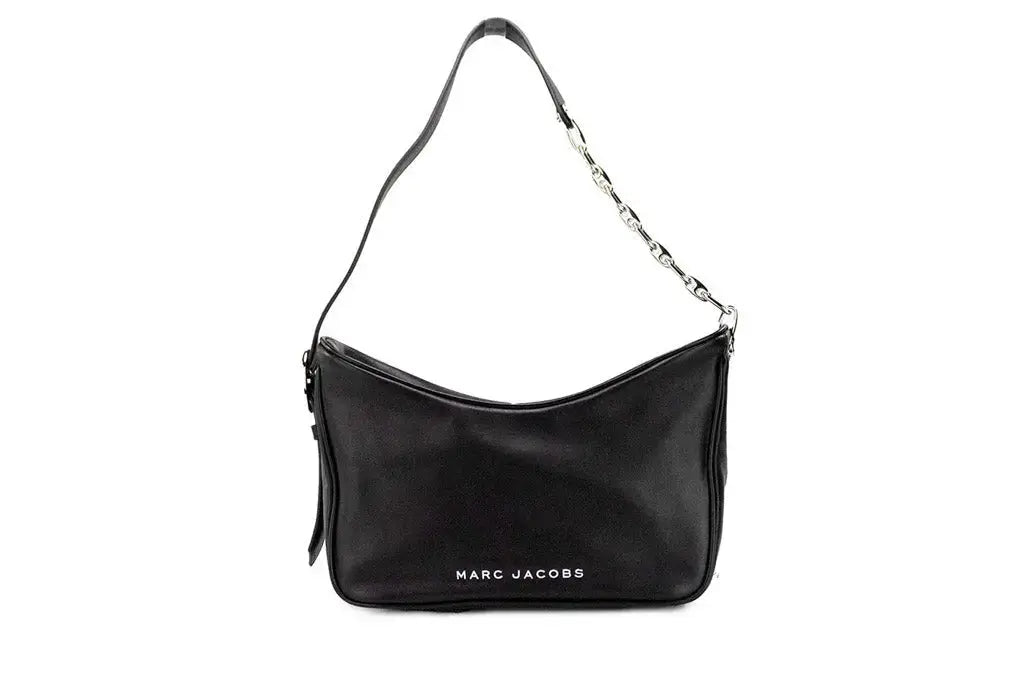 Small black leather Hobo Bag by Marc Jacobs, designer shoulder bag with slouchy style and minimalist design.