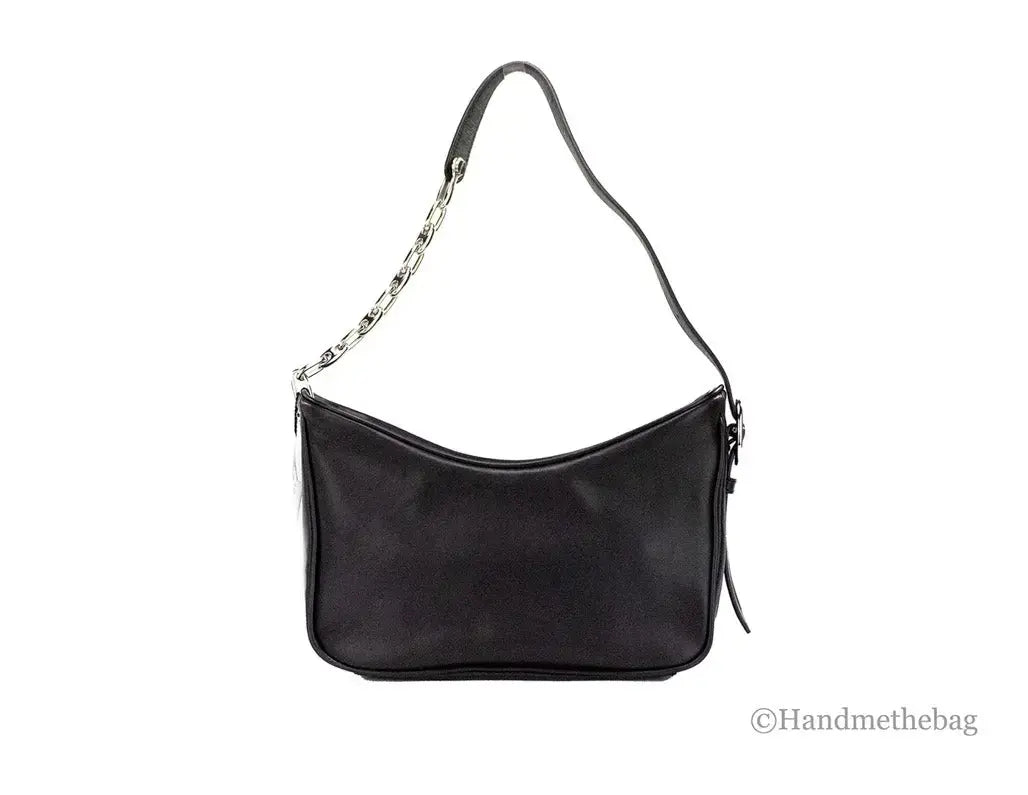 Small black leather hobo bag by Marc Jacobs, designer shoulder bag with sleek, minimalist style and shoulder strap.